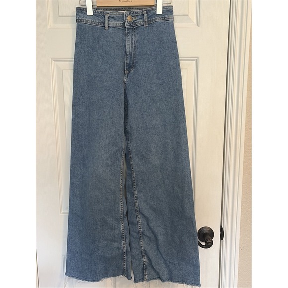 Zara Denim - Zara Marine Straight Jeans Raw Hem High Rise Wide Leg Women's Size 4 Coastal